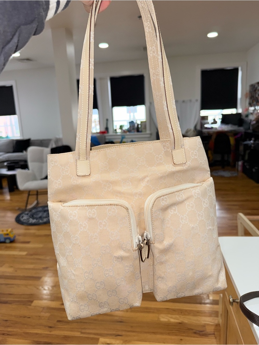 Gucci Beige Logo Jacquard Shoulder Bag with Front Zip Pockets